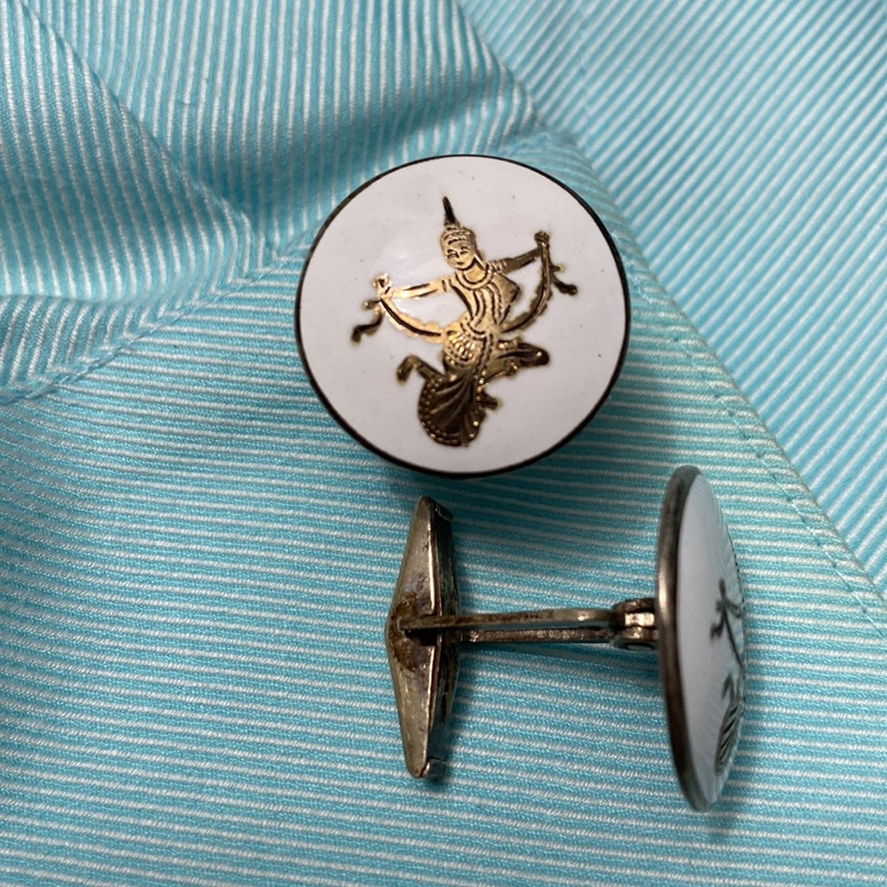 👔 MINT ~ Sterling Silver & Porcelain Siam Dancer Cufflinks